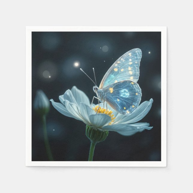 Blauer Schmetterling auf einer Mondblume Serviette (Vorderseite)