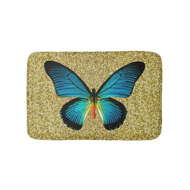 Blauer Schmetterling auf Gold Glitzer Badematte (Vorderseite)