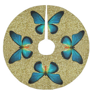 Blauer Schmetterling auf Gold Glitzer Tree Skirt Polyester Weihnachtsbaumdecke