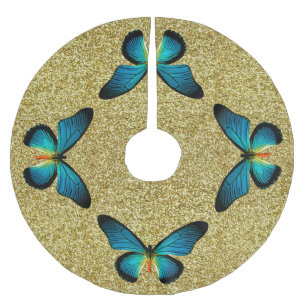 Blauer Schmetterling auf Gold Glitzer Tree Skirt Polyester Weihnachtsbaumdecke