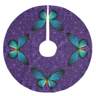 Blauer Schmetterling auf lila Glitzer-Baum-Rock Polyester Weihnachtsbaumdecke