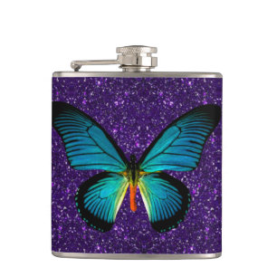 Blauer Schmetterling auf Lila Glitzer Flachmann