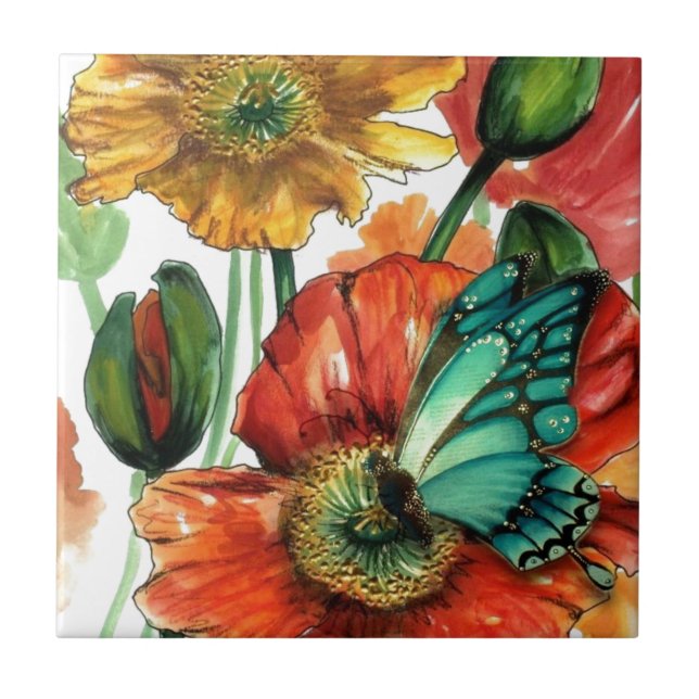 Blauer Schmetterling auf Mohnblumen Fliese (Vorderseite)