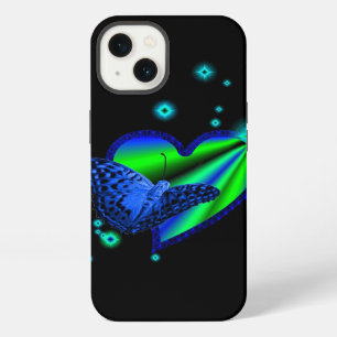 Blauer Schmetterling auf Regenbogen Herz mit Stern iPhone Hülle