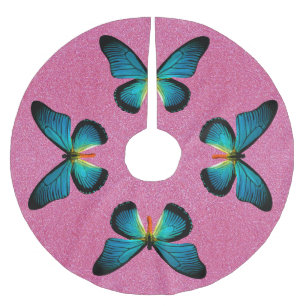 Blauer Schmetterling auf Rosa Glitzer Baumrock Polyester Weihnachtsbaumdecke
