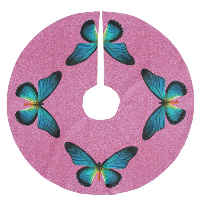 Blauer Schmetterling auf Rosa Glitzer Baumrock Polyester Weihnachtsbaumdecke (Vorderseite)