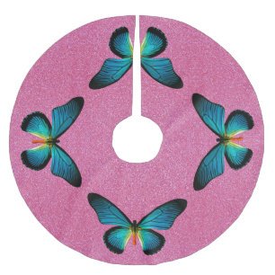 Blauer Schmetterling auf rosa glitzerndem Baumskle Polyester Weihnachtsbaumdecke