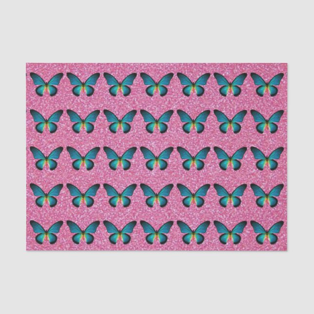 Blauer Schmetterling auf rosafarbenem Glitzer - Ge Seidenpapier (Vorderseite)