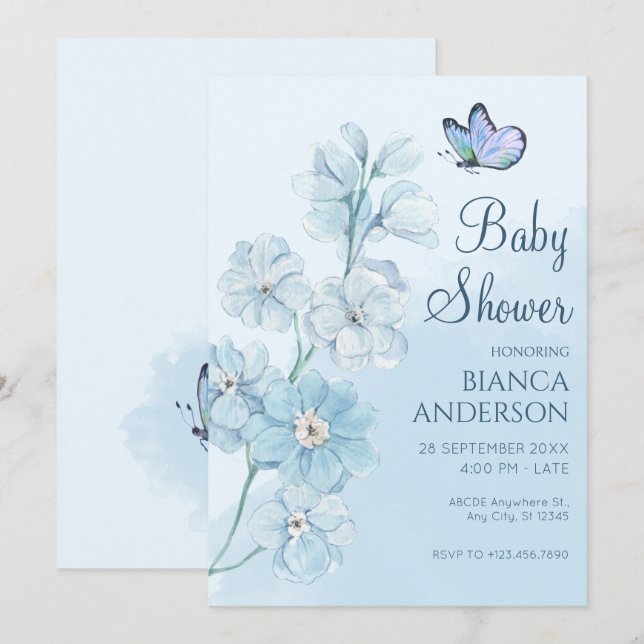 Blauer Schmetterling Blume Watercolor Babydusche Einladung (Vorne/Hinten)