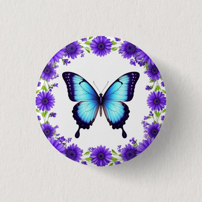Blauer Schmetterling Blumiger Frühlingsgarten Viol Button (Vorderseite)