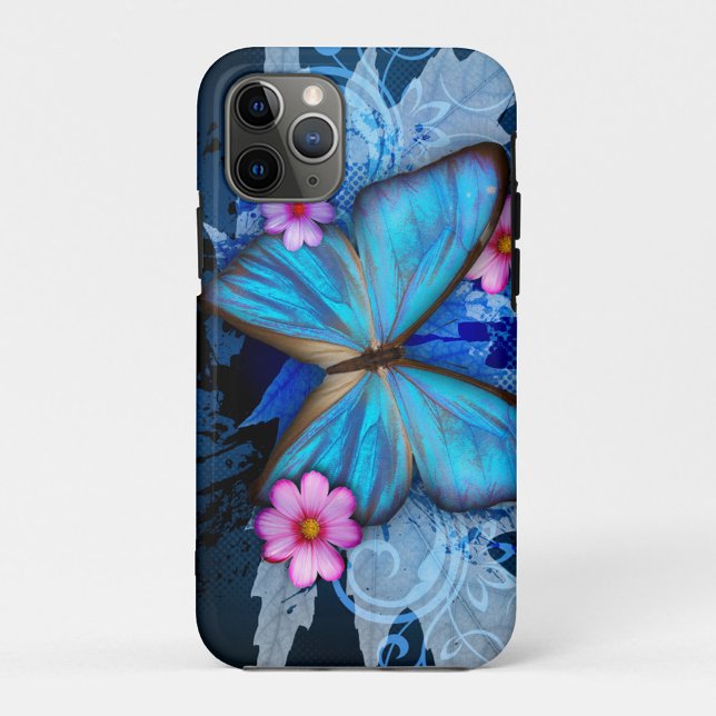Blauer Schmetterling Case-Mate iPhone Hülle (Pretty Blue Butterfly and Pink Flowers iPhone Case)