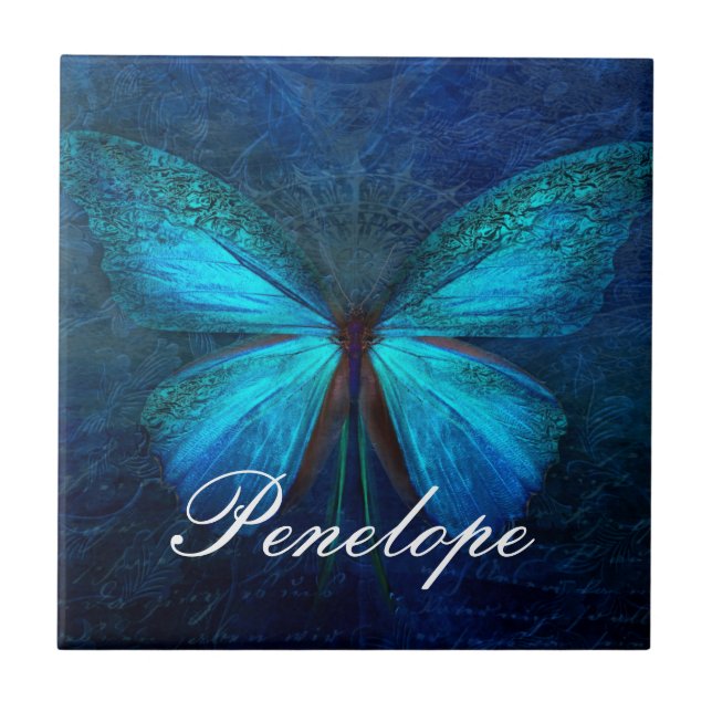 Blauer Schmetterling der Freude und des Glücks Fliese (Vorderseite)