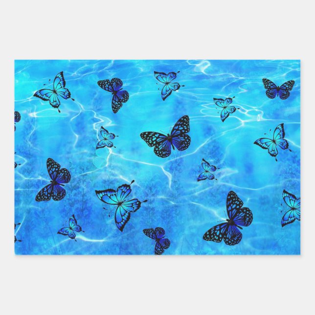 Blauer Schmetterling Geschenkpapier Set (Vorderseite)