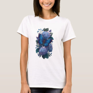 Blauer Schmetterling Hydrangea Floral Damen T-Shir T-Shirt