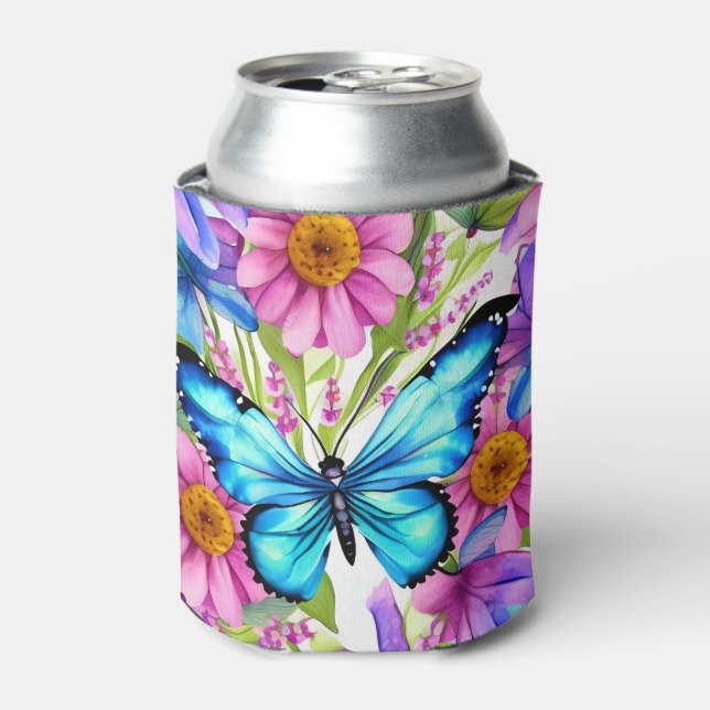 Blauer Schmetterling in einem Feld von Blume Dosenkühler (Kanne Vorderseite)