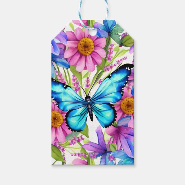 Blauer Schmetterling in einem Feld von Blume Geschenkanhänger (Vorderseite)