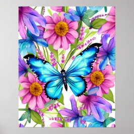 Blauer Schmetterling in einem Feld von Blume Poster