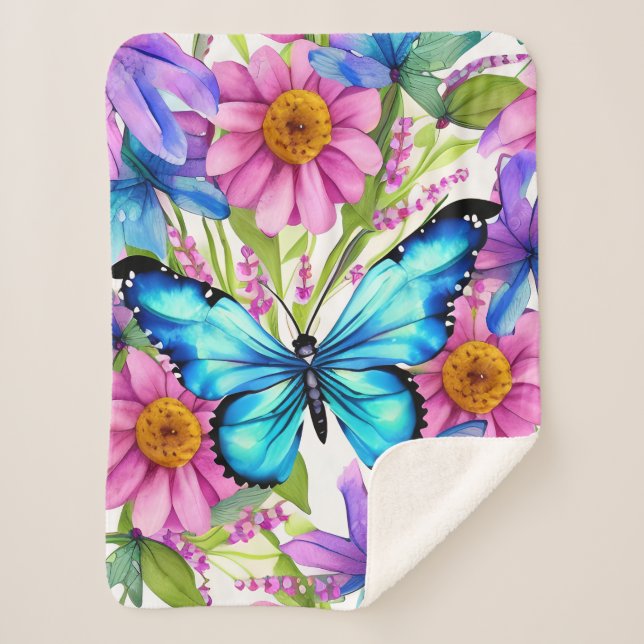 Blauer Schmetterling in einem Feld von Blume Sherpadecke (Vorderseite)