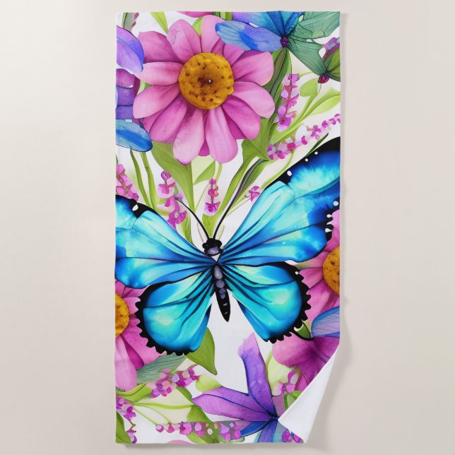 Blauer Schmetterling in einem Feld von Blume Strandtuch (Vorderseite)