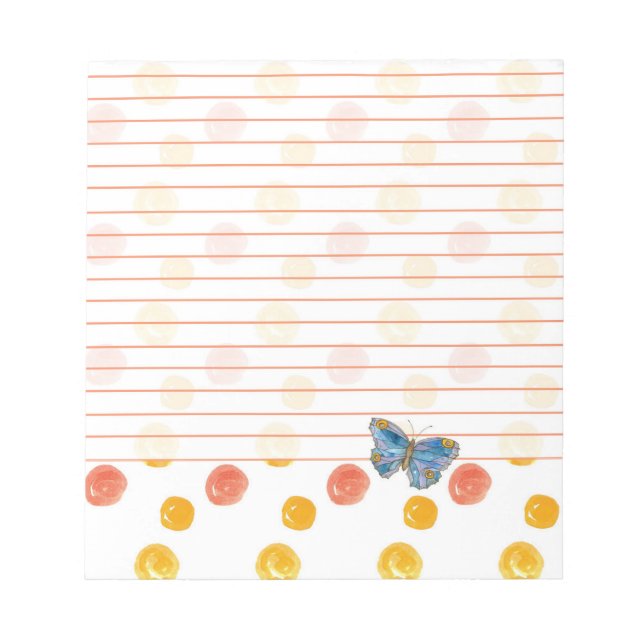 Blauer Schmetterling Lined Orange Polka Dots Notizblock (Vorderseite)