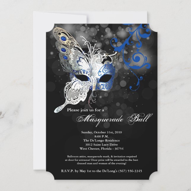 Blauer Schmetterling Masquerade Maskenkostüm Hallo Einladung (Vorderseite)