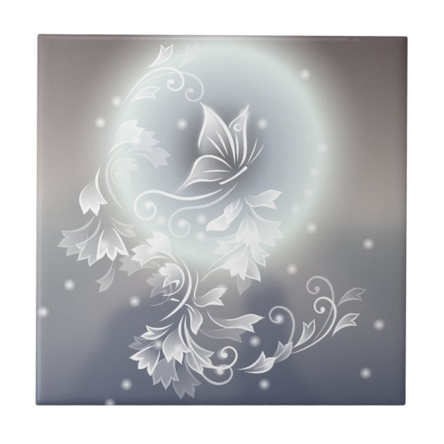 Blauer Schmetterling mit Blumen Grau Tier Fantasy Fliese (Vorderseite)