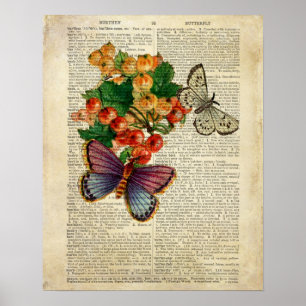 Blauer Schmetterling mit roten Blumen Vintage Art Poster