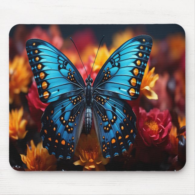 Blauer Schmetterling mit schwarzen Orangenspitzen  Mousepad (Vorne)