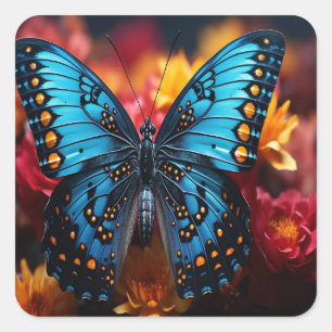Blauer Schmetterling mit schwarzen Orangenspitzen  Quadratischer Aufkleber