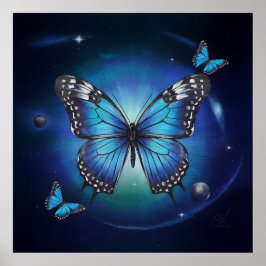 Blauer Schmetterling mit Sternen und Planeten ... Poster
