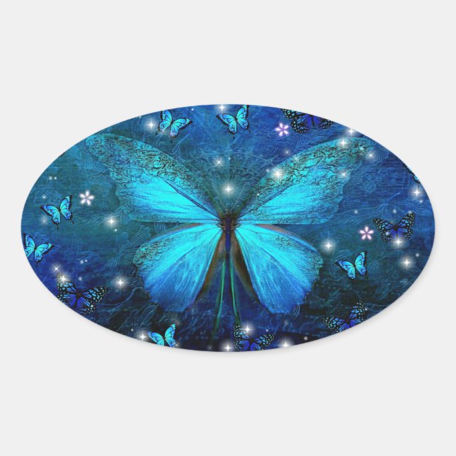 Blauer Schmetterling Ovaler Aufkleber (Vorderseite)