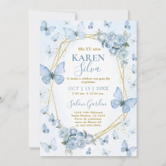 Blauer Schmetterling Quinceanera Einladung