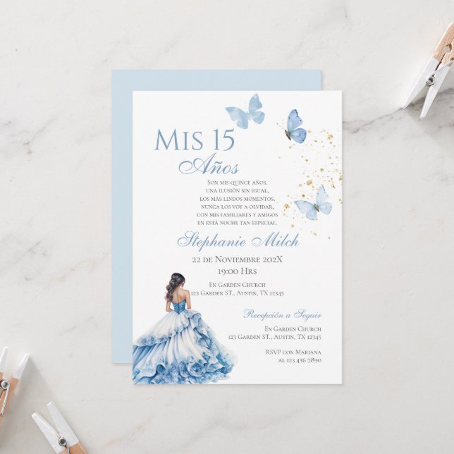 Blauer Schmetterling Quinceanera Einladung (Vorderseite/Rückseite Beispiel)