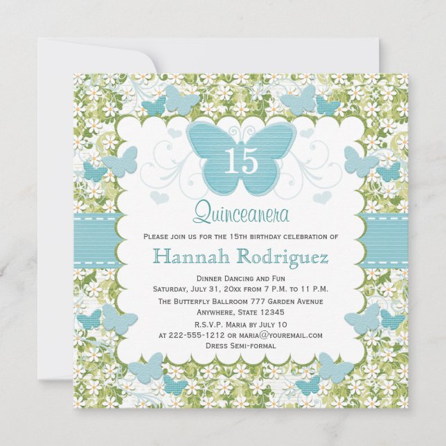Blauer Schmetterling Quinceanera Einladungen Foto (Vorderseite)
