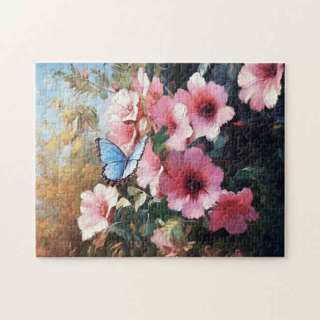 Blauer Schmetterling Rosa Blume Malerei (Horizontal)