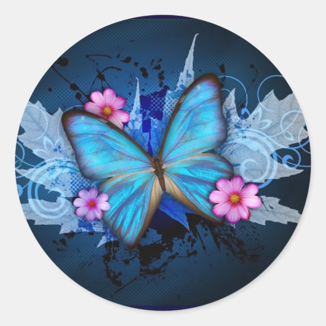 Blauer Schmetterling Runder Aufkleber (Vorderseite)