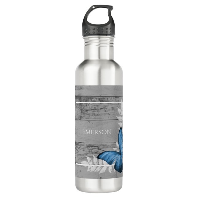 Blauer Schmetterling Rustikaler Personalisiert Edelstahlflasche (Vorderseite)