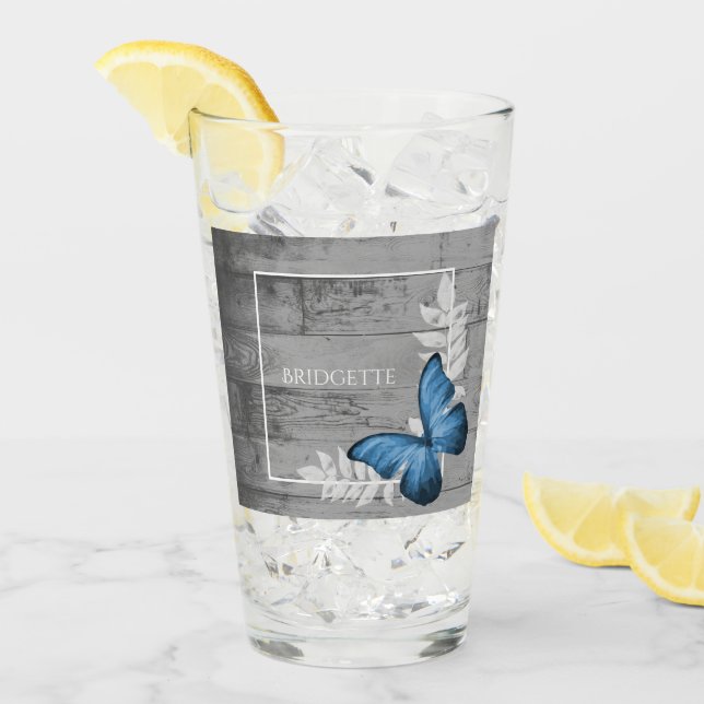 Blauer Schmetterling Rustikales Personalisiertes G Glas (Vorderseite Ice)