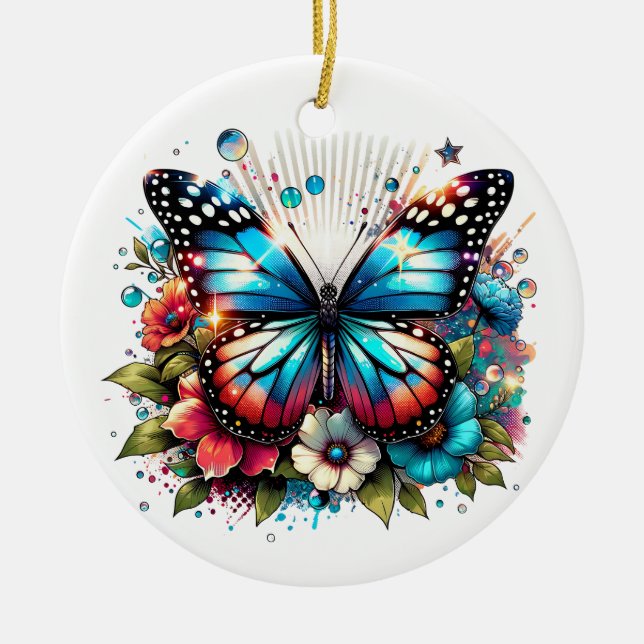 Blauer Schmetterling und Blume Personalisiert Weih Keramik Ornament (Vorne)