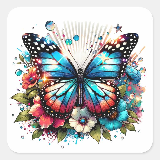 Blauer Schmetterling und Blume Quadratischer Aufkleber (Vorderseite)