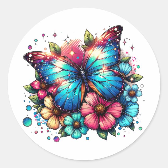 Blauer Schmetterling und Blume Runder Aufkleber (Vorderseite)