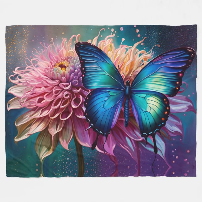 Blauer Schmetterling und der Dahlia Fleecedecke (Vorderseite (Horizontal))