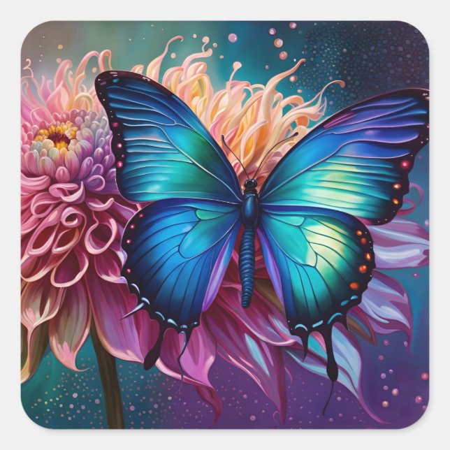 Blauer Schmetterling und der Dahlia Quadratischer Aufkleber (Vorderseite)