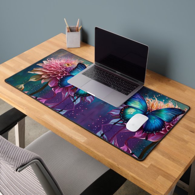 Blauer Schmetterling und der Dahlia Schreibtischunterlage (Büro 2)