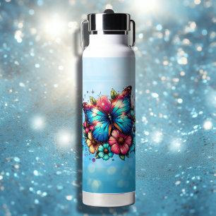 Blauer Schmetterling und rosa Blumen Personalisier Trinkflasche