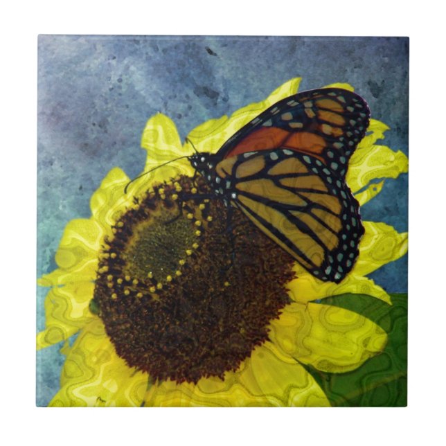Blauer Schmetterling und Sonnenblume Hintergrund Fliese (Vorderseite)