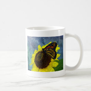 Blauer Schmetterling und Sonnenblume Hintergrund Kaffeetasse
