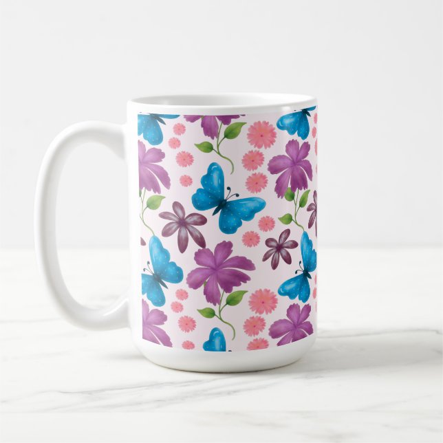 Blauer Schmetterling und violettes Blumenmuster Kaffeetasse (Links)