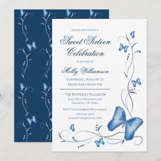 Blauer Schmetterling & Wirbel Sweet 16 Einladung