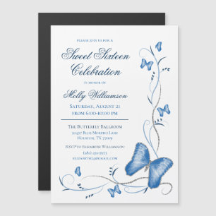 Blauer Schmetterling & Wirbel Sweet 16 Magneteinladung